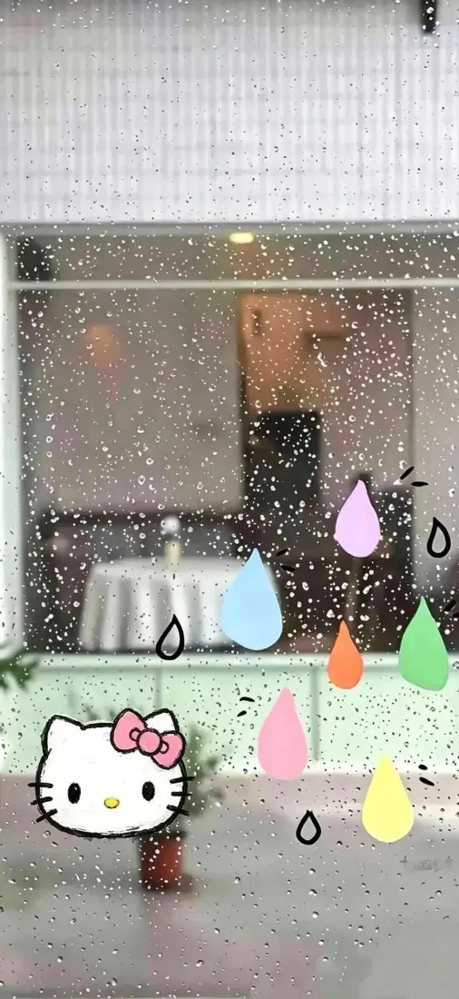 雨天玻璃上的凯蒂猫与彩色雨滴手绘，背景是模糊的室内窗台场景