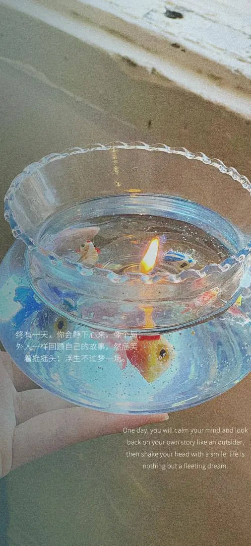 一只手托着盛水的玻璃圆缸，缸内数条橙红金鱼游动，画面带朦胧柔焦质感。