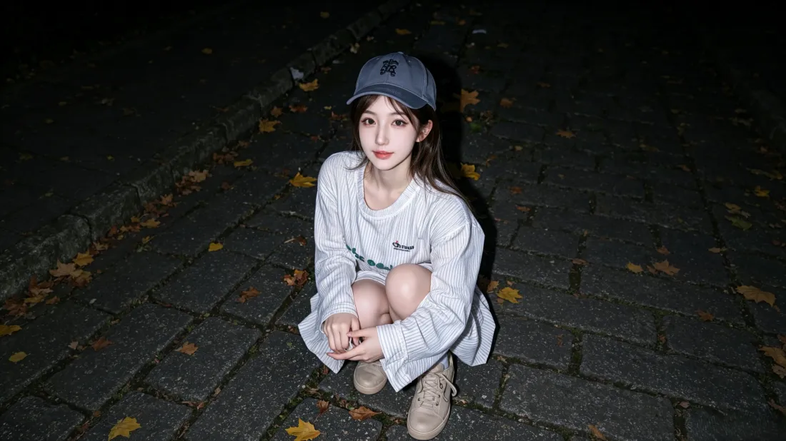 3k戴帽少女壁纸｜夜晚街道背景图片 - 落叶氛围感「哲风壁纸」