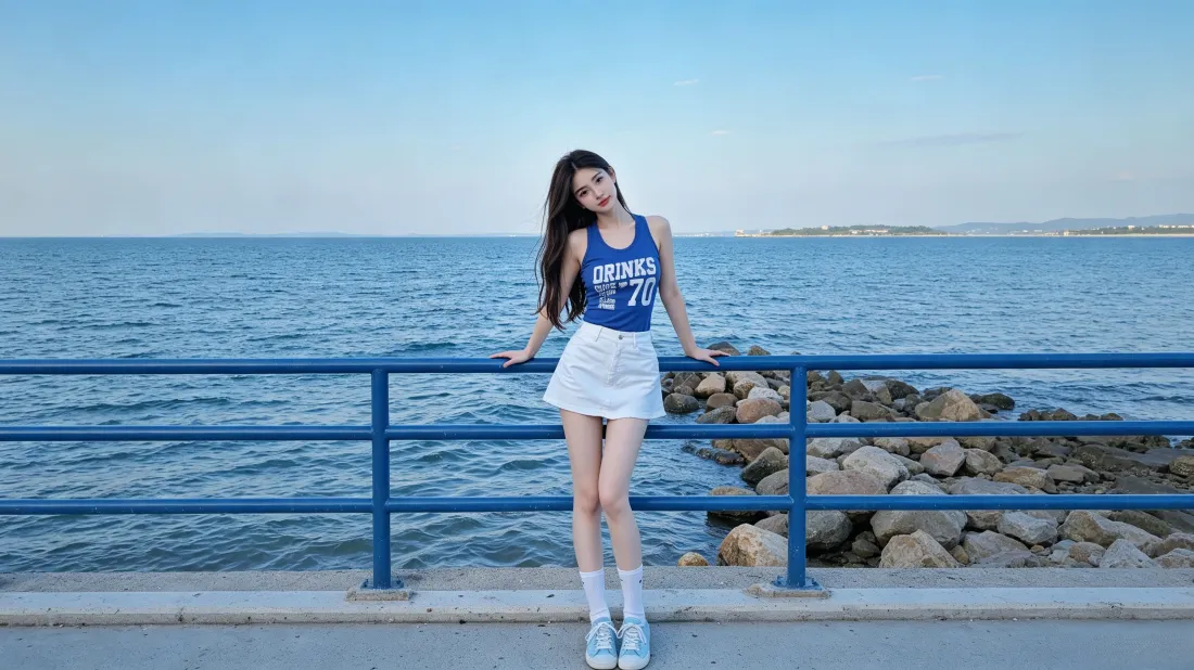 3k长发海边女孩壁纸｜蓝天礁石大海背景图片 - 清纯人像「哲风壁纸」