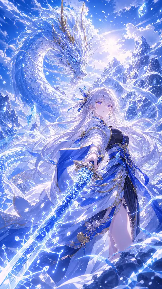 白发龙少女手机壁纸｜蓝色水浪背景图片 - 二次元插画「哲风壁纸」