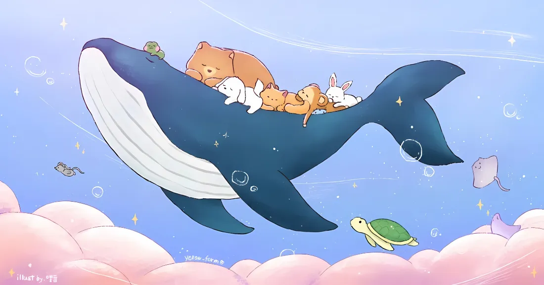 梦幻蓝粉天空下，鲸鱼驮着熟睡的小熊、兔子等小动物漂浮在粉云之上