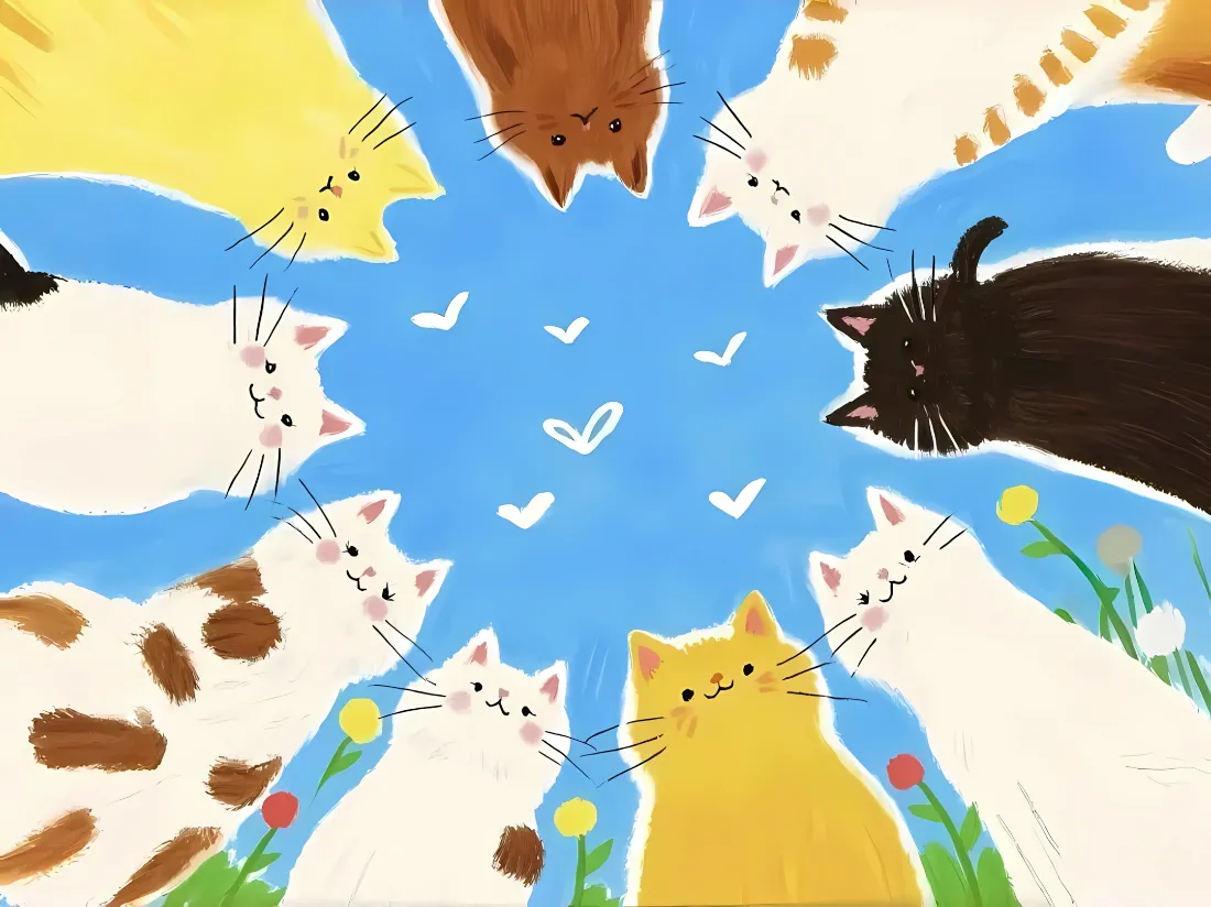 2k卡通猫咪壁纸|蓝天花朵背景图片 - 可爱治愈插画「哲风壁纸」 多只不同花色的猫咪围成环形,低头看向中心蓝天与白色爱心,底部点缀花草。