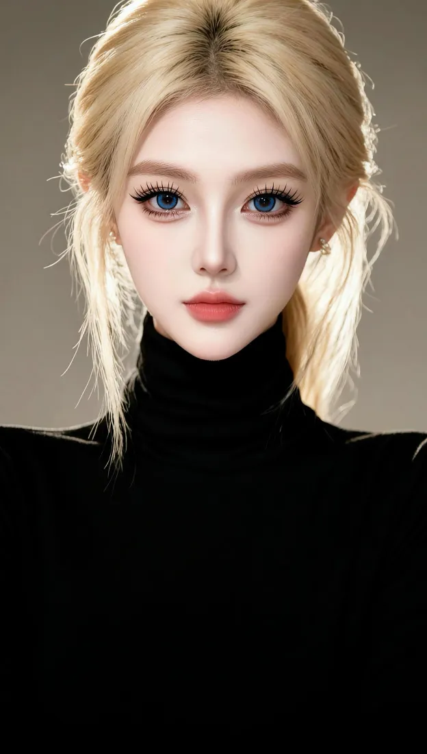 金发蓝眼二次元女性，身着黑色高领上衣，清冷精致
