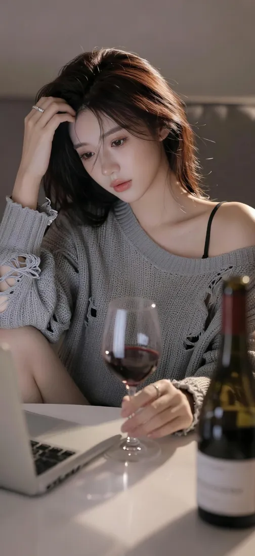居家室内，穿灰色露肩针织衫的长发美女手持红酒杯，面前摆放笔记本电脑与红酒瓶。