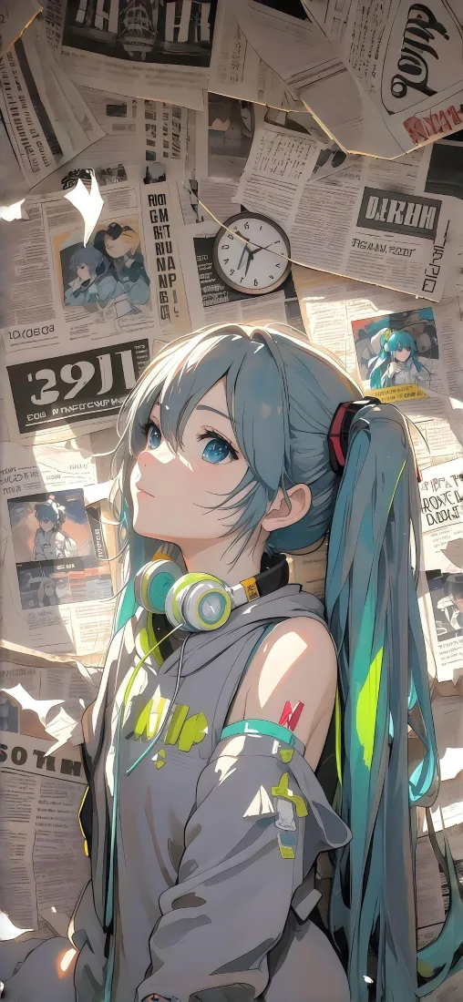初音未来手机壁纸|复古报纸墙背景图片 - 蓝发耳机二次元少女「哲风壁纸」 初音未来手机壁纸|复古报纸墙背景图片 - 蓝发耳机二次元少女「哲风壁纸」