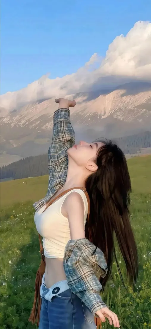 长发美女手机壁纸｜草原蓝天背景图片 - 户外手机拍照「哲风壁纸」