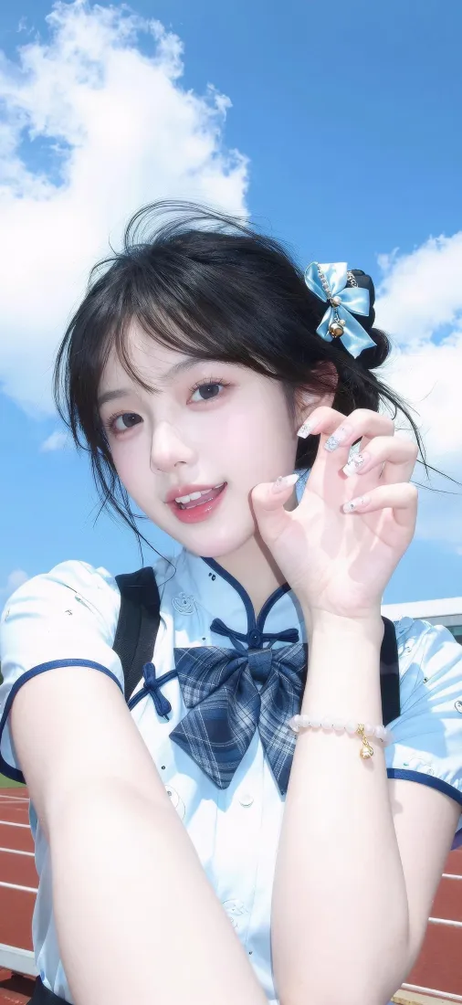 黑发少女穿蓝白制服，操场跑道前蓝天背景下抬手自拍