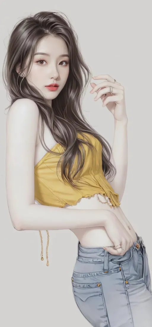 气质美女手机壁纸｜黄色吊带背景图片 - 牛仔长裤穿搭「哲风壁纸」