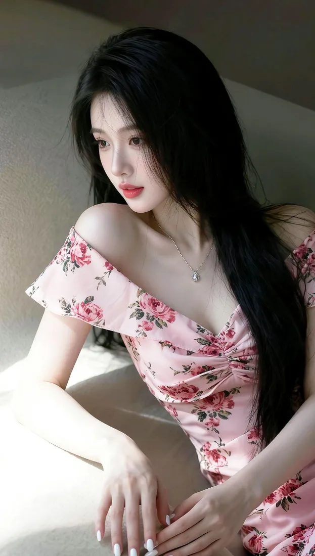 黑长直美女手机壁纸｜粉色碎花裙背景图片 - 氛围感写真「哲风壁纸」