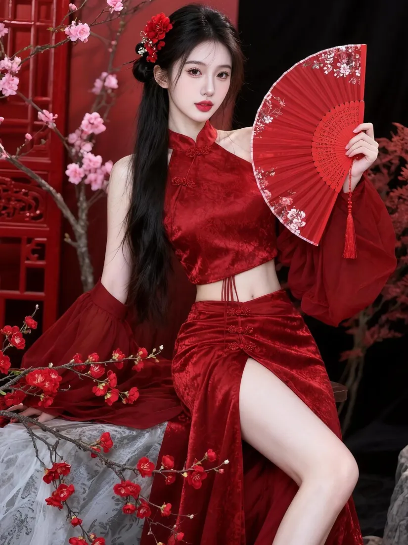 红衣国风美女手机壁纸｜红梅折扇背景图片 - 气质氛围感写真「哲风壁纸」