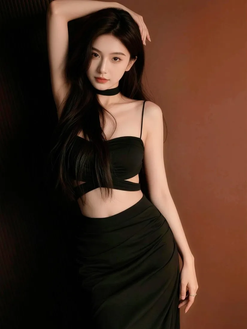 气质美女手机壁纸｜黑色吊带长裙背景图片 - 氛围感时尚写真「哲风壁纸」