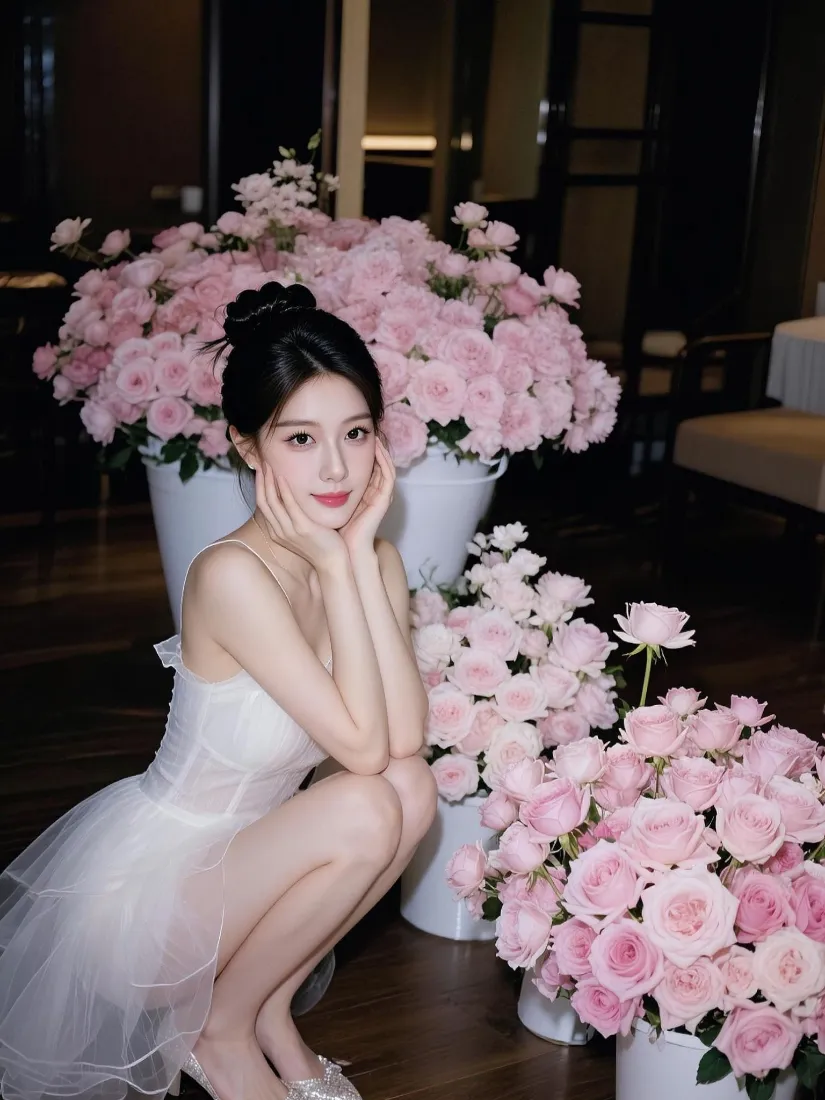 白裙美女手机壁纸｜粉玫瑰背景图片 - 甜美写真「哲风壁纸」