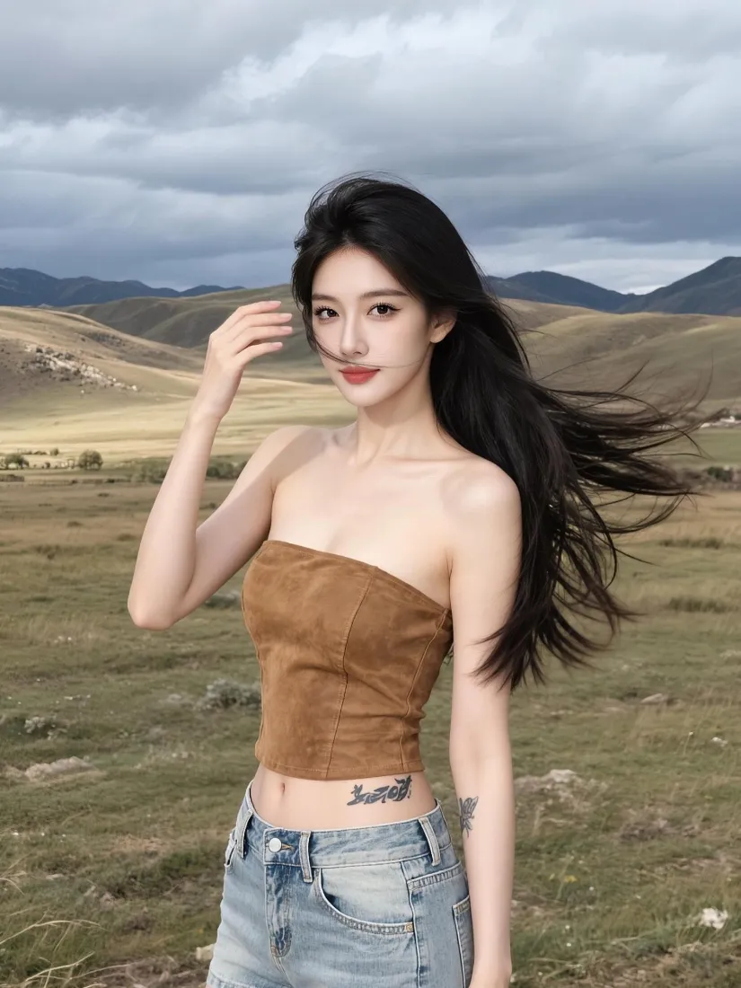 长发美女身着棕色抹胸与牛仔短裤，站在旷野草原上，背景是阴天远山。