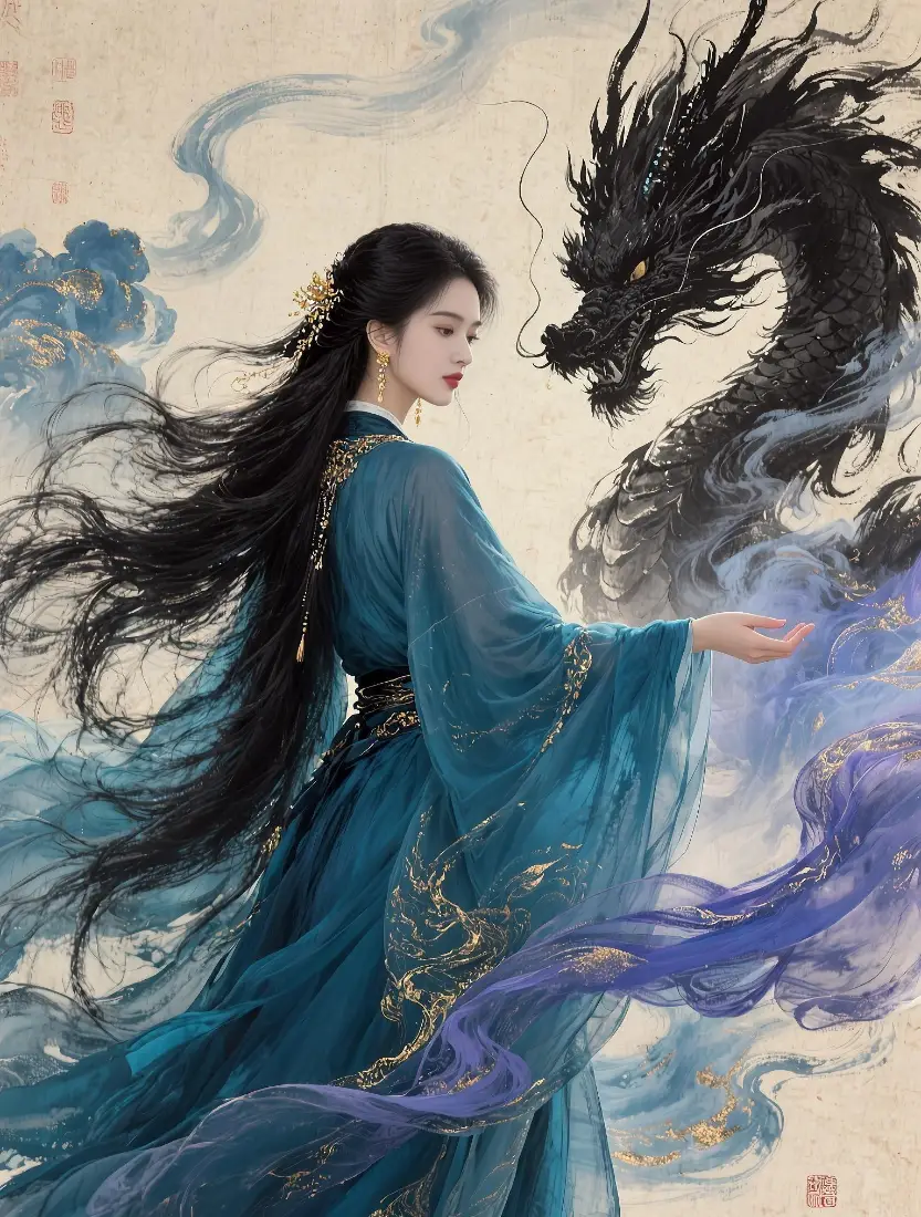 青色汉服古风少女手机壁纸｜国风手绘背景图片 - 黑龙玄幻意境「哲风壁纸」