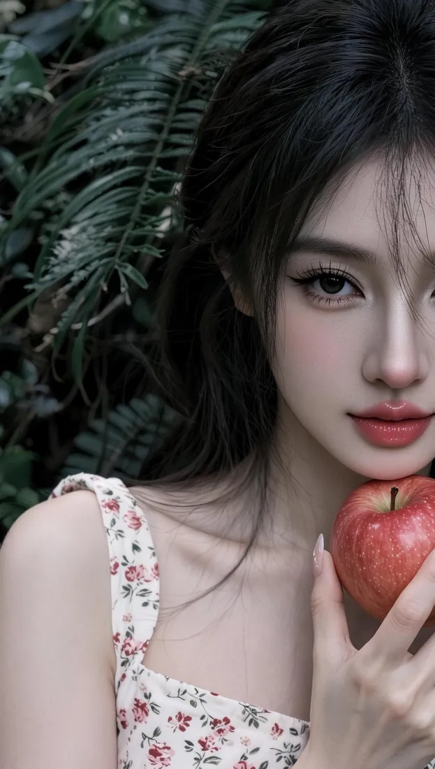 黑发年轻女子身着碎花吊带，手持红苹果，背景为户外绿植。
