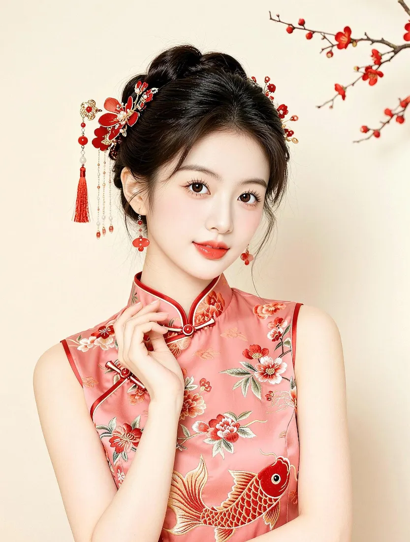 国风旗袍美女手机壁纸｜红梅刺绣背景图片 - 新中式人像写真「哲风壁纸」
