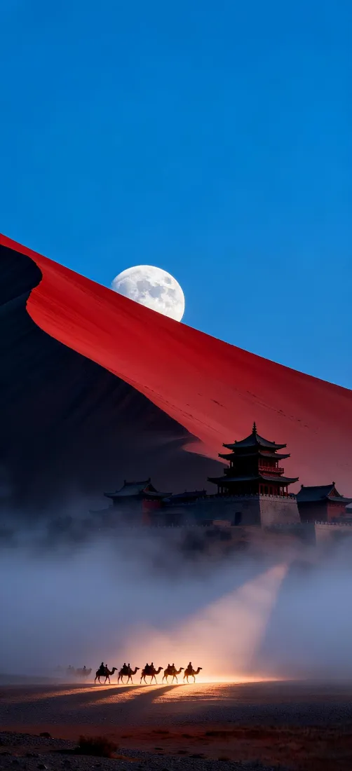 月夜沙漠中，驼队剪影前行，雾气环绕中式塔楼，红沙丘与圆月相映。
