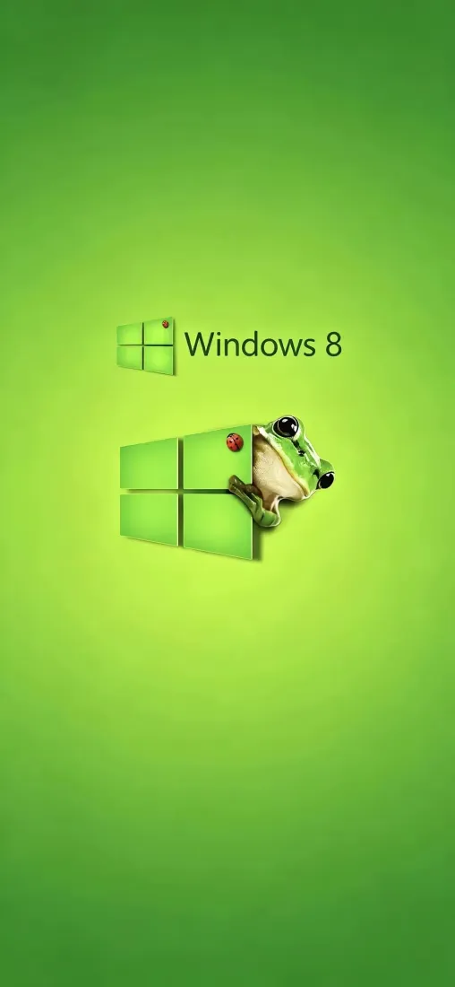绿色渐变背景上，青蛙从Windows8四格标志中探出，上方有Windows8文字标识