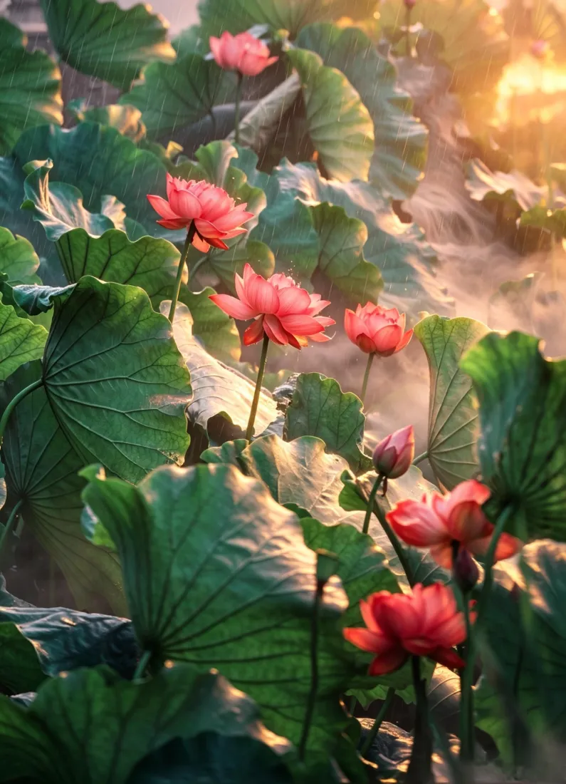 荷花手机壁纸｜夏日荷塘背景图片 - 清晨阳光清新自然风光「哲风壁纸」