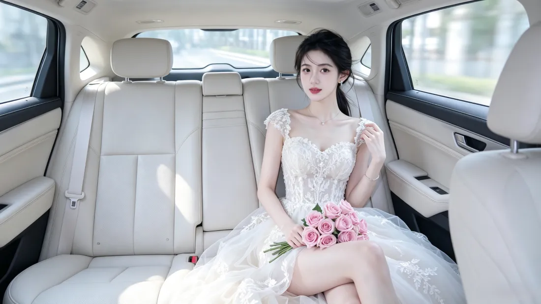 3k婚纱美女壁纸|车内清新背景图片 - 捧花氛围感写真「哲风壁纸」 穿白色蕾丝婚纱的年轻女子坐在汽车后座,手捧粉色玫瑰花束。