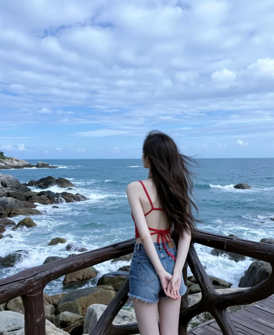 海边美女手机壁纸｜大海礁石背景图片 - 长发背影穿搭「哲风壁纸」