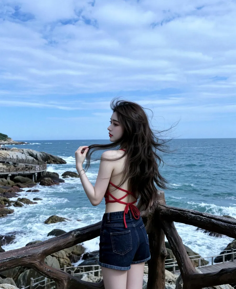 海边长发美女手机壁纸｜海岸礁石背景图片 - 氛围感时尚穿搭「哲风壁纸」