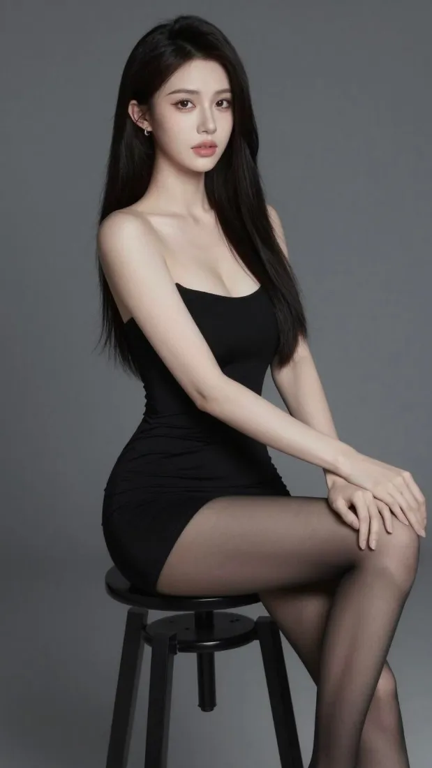 气质美女手机壁纸｜灰色简约背景图片 - 黑丝吊带时尚写真「哲风壁纸」