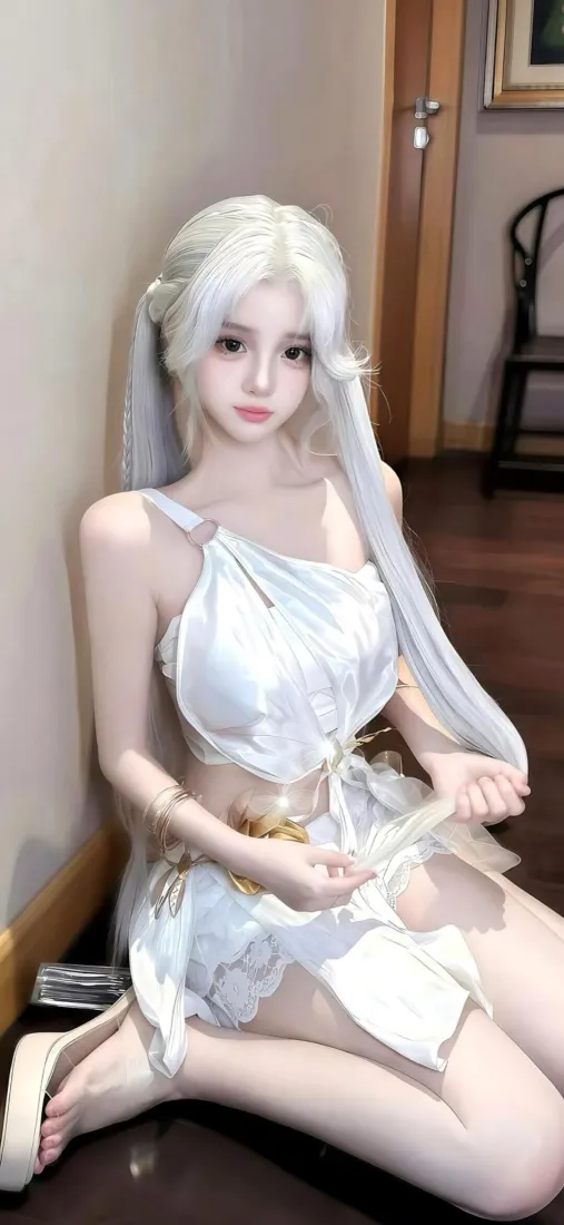 白发双马尾少女身着白色露肩短裙，跪坐于居家室内墙角地板上