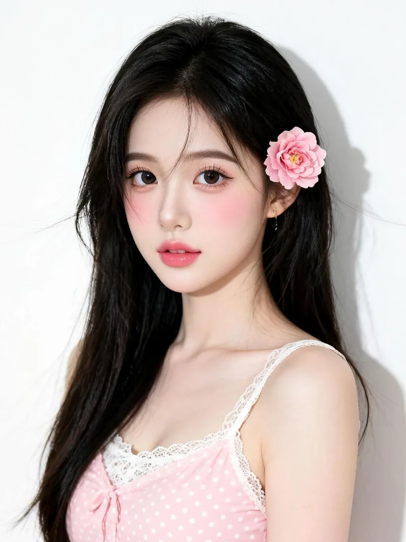 甜美少女手机壁纸｜粉色吊带背景图片 - 花朵发饰「哲风壁纸」