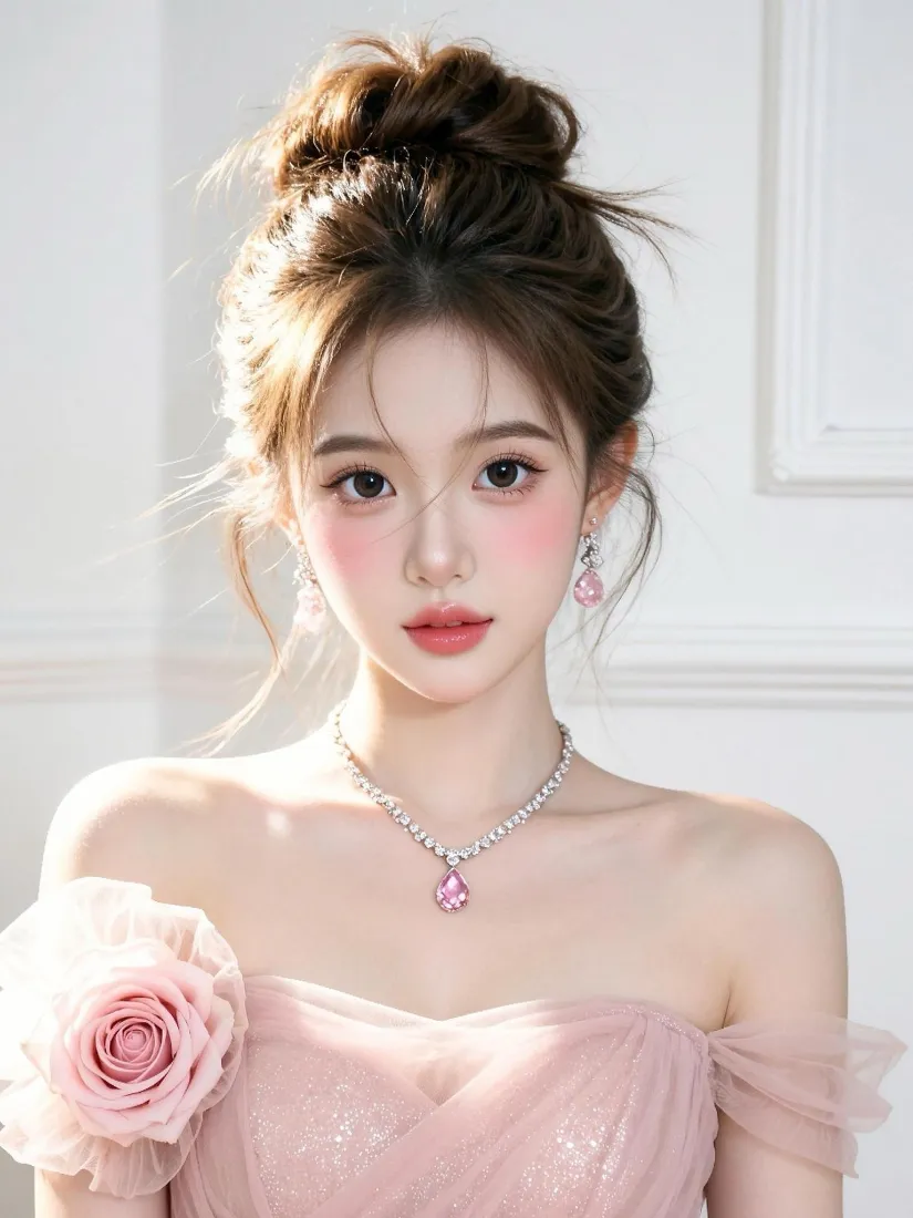粉色礼服美女手机壁纸｜浅白室内背景图片 - 精致妆容少女「哲风壁纸」