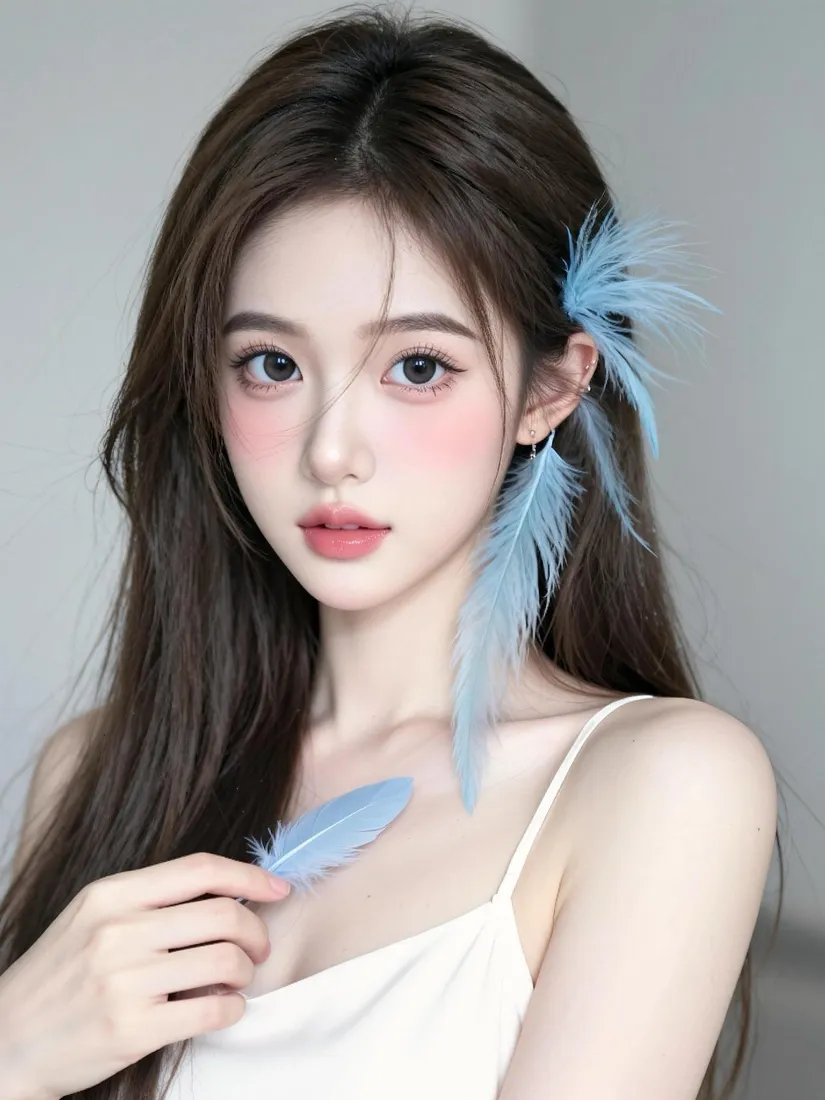 纯欲美女手机壁纸｜蓝色羽毛背景图片 - 精致好看写真「哲风壁纸」