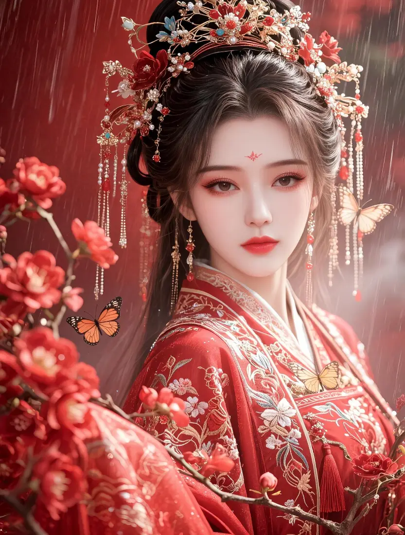 古风红衣汉服新娘手机壁纸|红梅雨景背景图片 - 华丽古装婚服「哲风壁纸」 古风红衣汉服新娘手机壁纸|红梅雨景背景图片 - 华丽古装婚服「哲风壁纸」