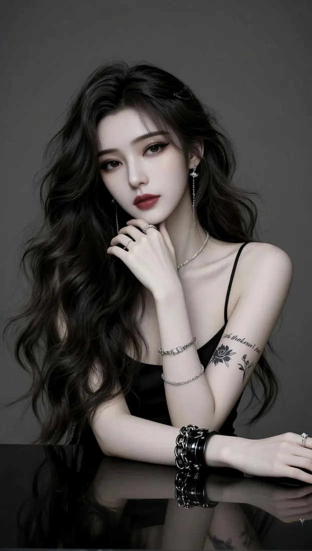暗调背景下，长卷发红唇冷白皮女性身着黑色吊带，手臂带纹身，姿态冷艳。