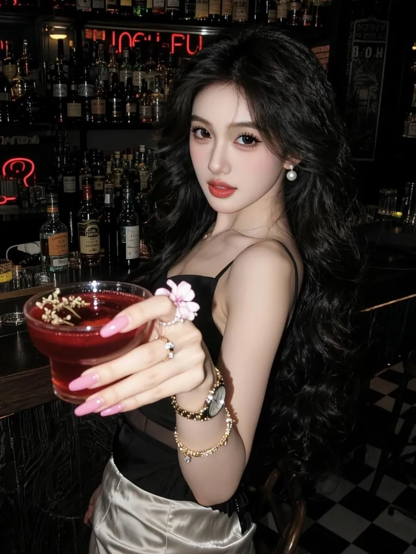 酒吧内黑卷发美女手持红色鸡尾酒，佩戴珍珠耳环与金色配饰，氛围精致。