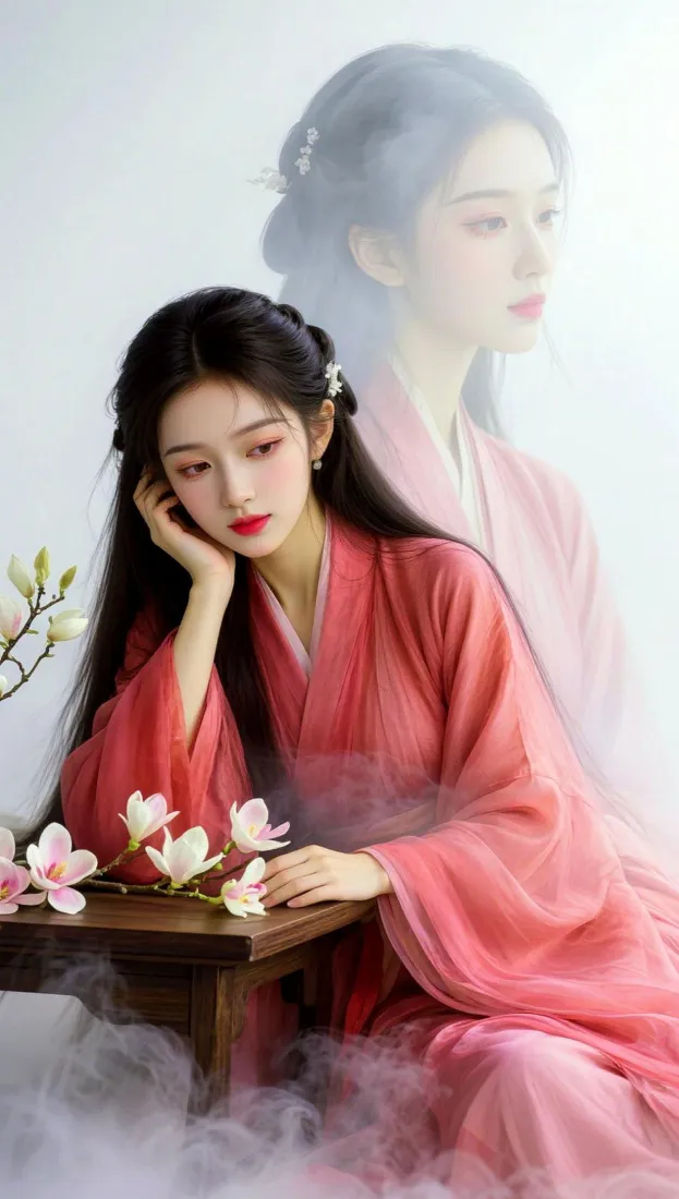 古风红衣汉服美女手机壁纸｜玉兰花烟雾背景图片 - 氛围感写真「哲风壁纸」