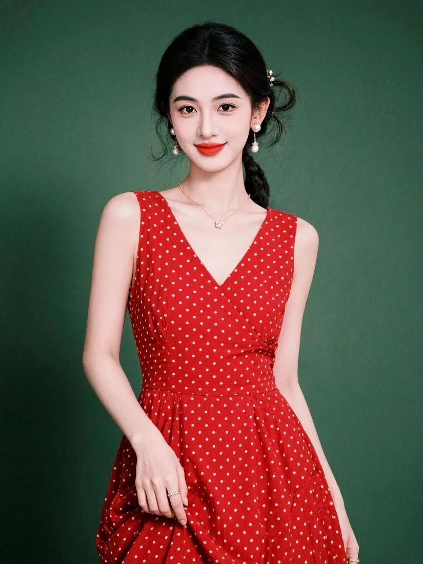 气质美女手机壁纸|绿色背景图片 - 红色波点裙时尚写真「哲风壁纸」 气质美女手机壁纸|绿色背景图片 - 红色波点裙时尚写真「哲风壁纸」