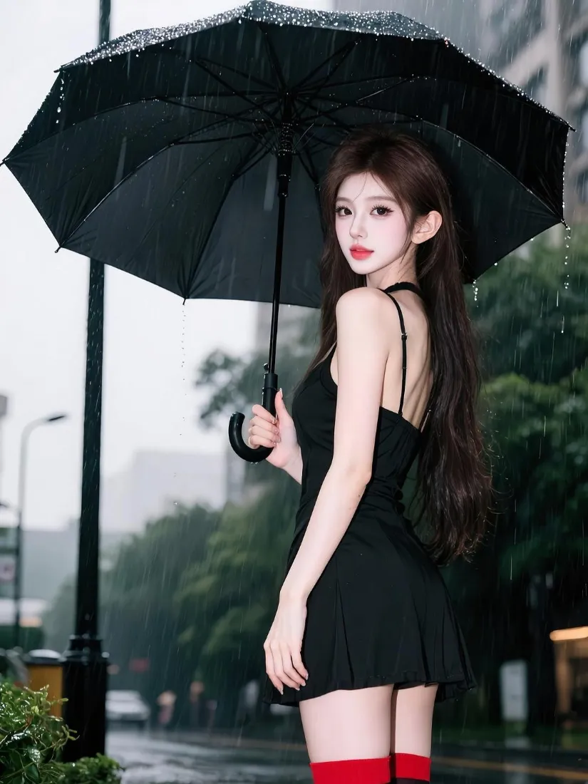 长发黑裙美女手机壁纸｜雨天街景背景图片 - 氛围感人像写真「哲风壁纸」