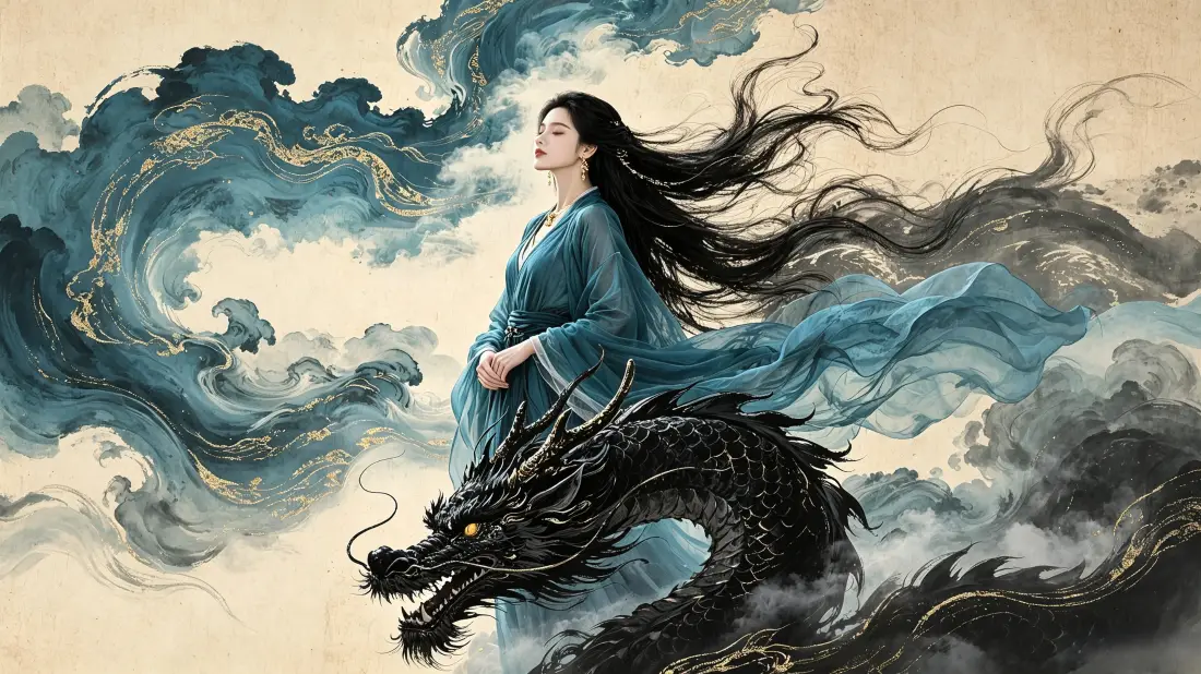3k古风青衣御龙女子壁纸|祥云国风背景图片 - 玄幻插画「哲风壁纸」 3k古风青衣御龙女子壁纸|祥云国风背景图片 - 玄幻插画「哲风壁纸」