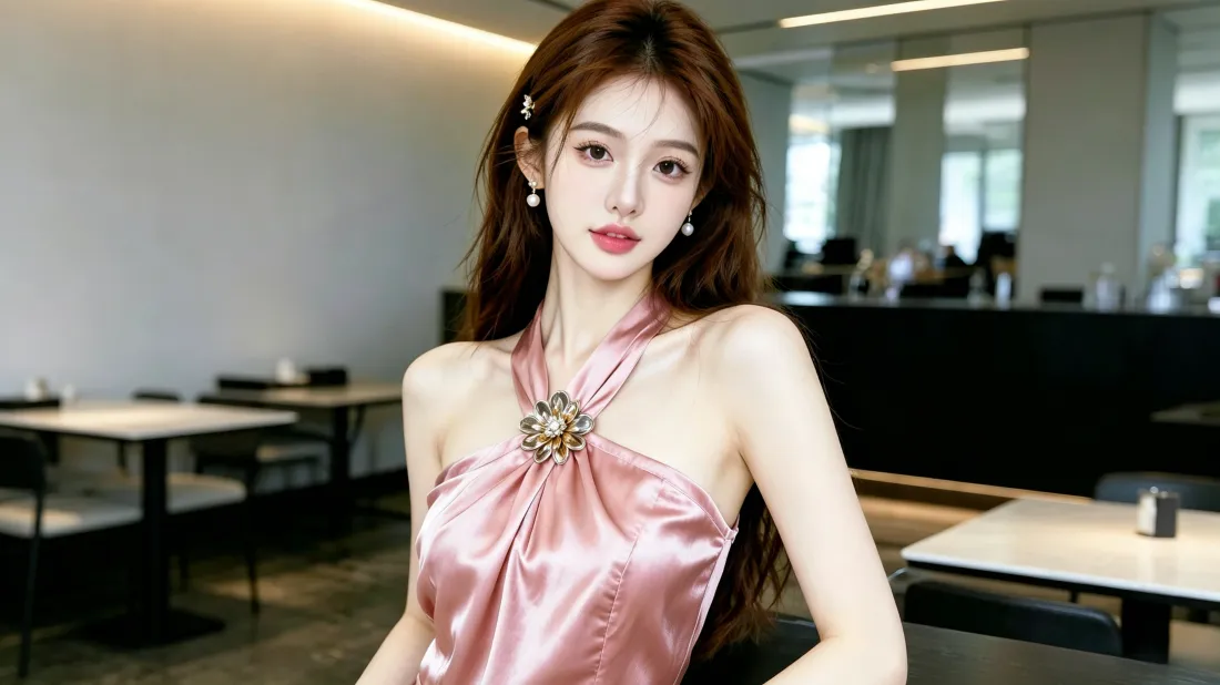 3k粉色挂脖裙美女壁纸｜办公室背景图片 - 气质时尚写真「哲风壁纸」