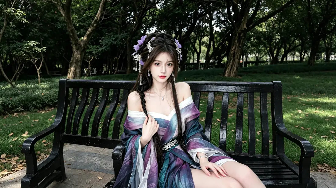 3k古风美女壁纸｜公园长椅背景图片 - 紫系汉服写真「哲风壁纸」