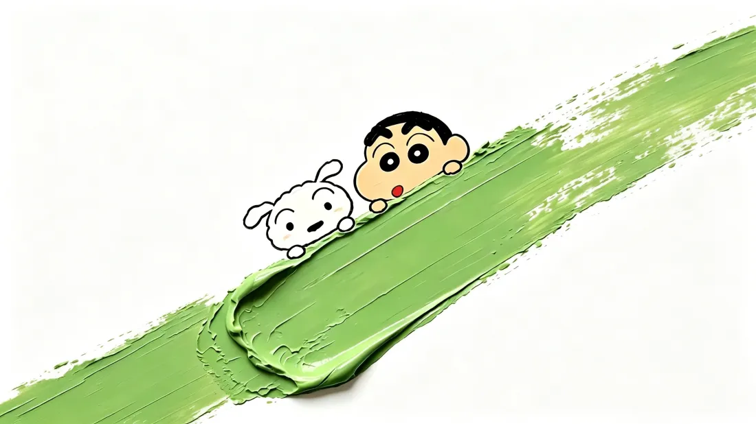 蜡笔小新与小白趴在斜向绿色颜料笔触后探出头，白底简约可爱
