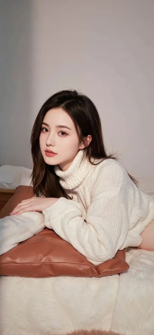 黑发长发女子身着白色高领毛衣，趴在卧室床的棕色抱枕上，气质清冷温柔。