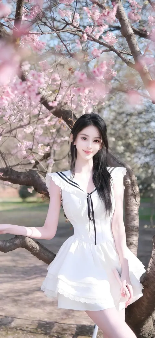 樱花树下，身着白色水手领连衣裙的黑发少女甜美微笑。