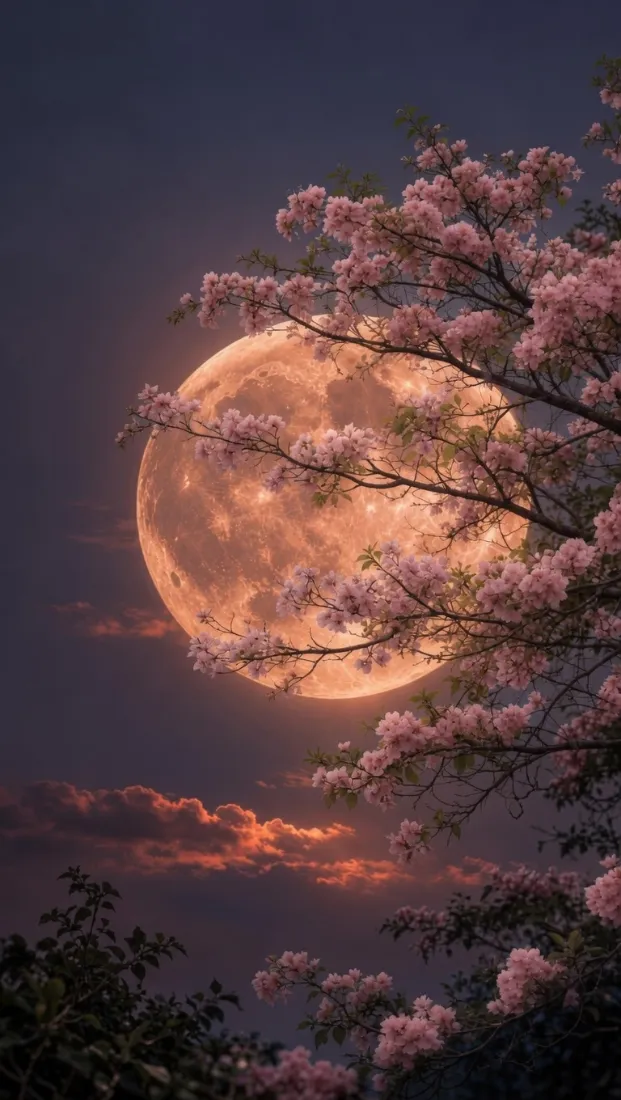月夜花影手机壁纸｜粉色林木背景图片 - 浪漫梦幻禅意「哲风壁纸」