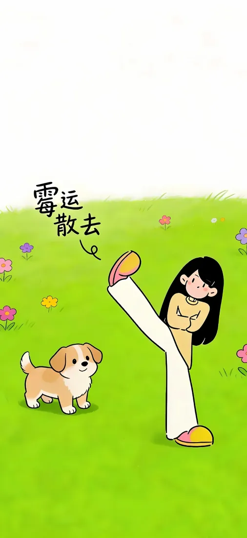绿草地上女孩抬腿踢腿，身旁小狗相伴，配文霉运散去