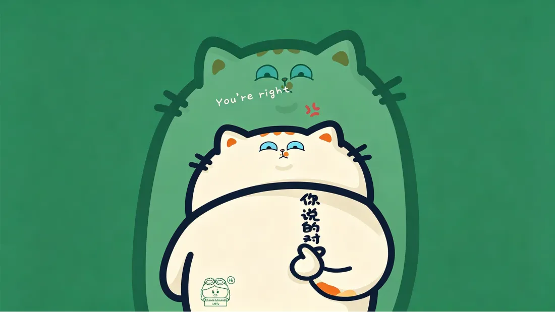 6k可爱猫咪壁纸|绿色背景图片 - 趣味治愈手绘插画「哲风壁纸」 绿色背景上,白色猫咪抱臂竖大拇指,身后叠着绿色猫咪,配“你说的对”文字。
