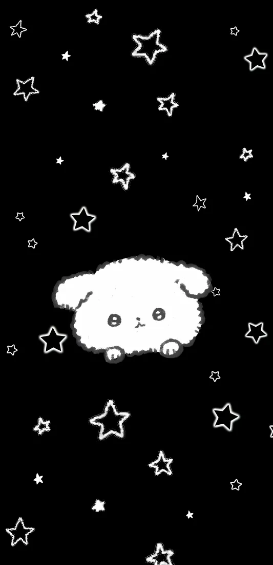 黑色背景上散落白色星星，中央是一只软萌的白色卡通小狗