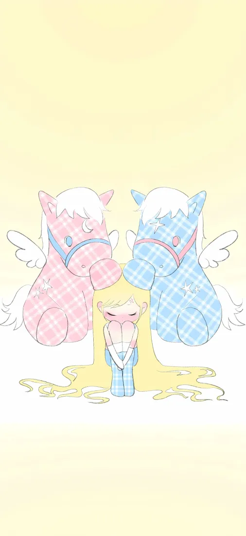 暖黄渐变背景下，粉蓝格纹飞马玩偶与Q版小人的软萌治愈插画