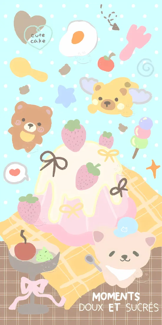 可爱卡通小熊手机壁纸｜甜品草莓蛋糕背景图片 - 软萌治愈插画「哲风壁纸」